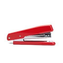 Red stapler on white background, office supply.