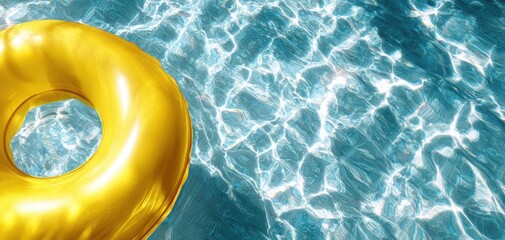 The vibrant golden float ring on sparkling blue water surface.