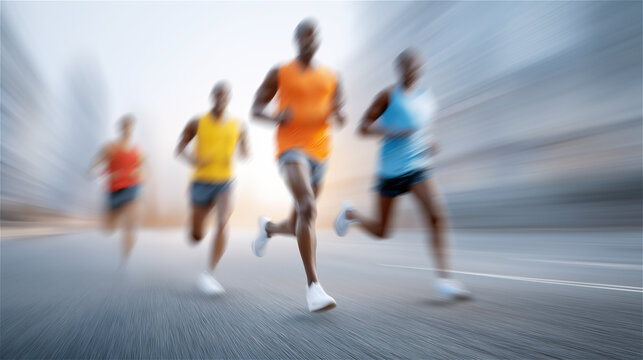 Group of runners in colorful outfits racing down city street, concept of marathon, competition, teamwork, fitness and speed with motion blur effect and copy space background.