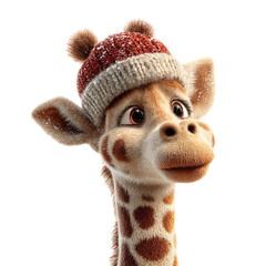 Giraffe in Winter Hat Festive Animal Portrait on Transparent Background.