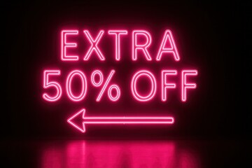 Obraz premium Neon banner featuring EXTRA 50% OFF discount offer, vibrant urban style, eye-catching retail promo for sales.