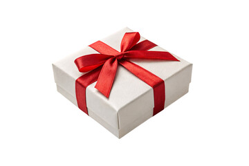 Elegant white gift box with red satin ribbon bow, perfectly wrapped present, isolated on a transparent background