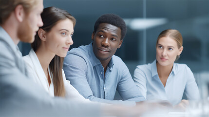Fototapeta premium Business team in formal clothing engaged in discussion at office table, symbolizing teamwork, corporate communication, leadership and workplace diversity with copy space.