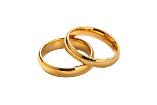 Two polished gold wedding rings interlocked together in classic circular bands reflecting warm metallic shine, isolated on a transparent background