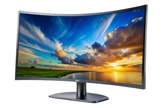 Isolated curved monitor displaying vibrant landscape on stand high resolution studio shot transparent background