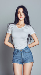 Obraz premium Young woman poses confidently in a stylish outfit, showcasing her fashion sense and beauty in a minimalistic studio setting