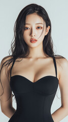 Naklejka premium Young woman in stylish black dress posing against a light backdrop in a modern studio setting