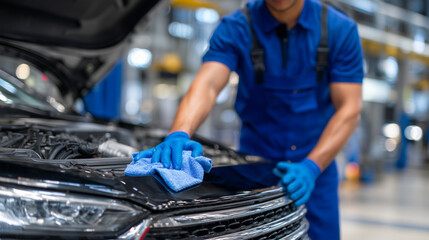 Detail shot of car engine being polished, mechanic in blue gloves moving cloth over metallic surfaces, emphasizing care and thorough cleaning