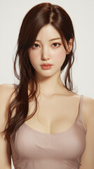 Fototapeta premium Portrait of a young Korean woman with long hair, soft makeup, and a light pink top posing against a simple backdrop