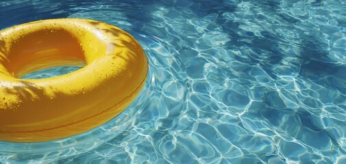 The vibrant yellow float in crystal-clear pool water on a sunny day.