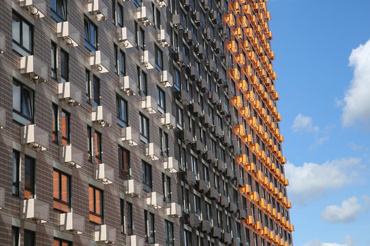 Facades of houses in the new microdistrict called Buninskie Lugy ("BUNIN'S MEADOWS" HOUSING COMPLEX) of August 16, 2025, in Moscow, Russia