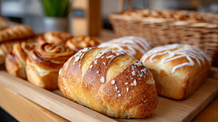 Assorted freshly baked bread and pastries on a wooden board.