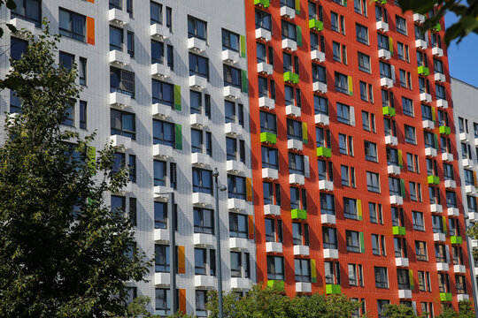 Facades of houses in the new microdistrict called Buninskie Lugy ("BUNIN'S MEADOWS" HOUSING COMPLEX) of August 16, 2025, in Moscow, Russia