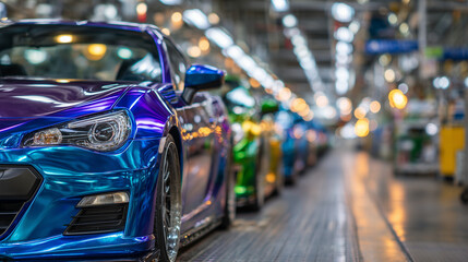 Obraz premium Perspective shot of multiple colorful cars lined up in production hall, metallic paints gleaming under bright industrial lights