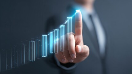 Finger pointing at upward trending blue bar chart