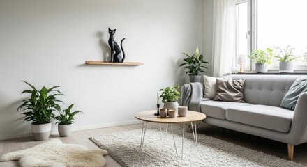 Stylish living room interior design with modern gray sofa, house plants and geometric cat art piece for cozy home vibes