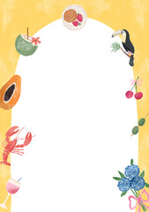 Tropical Frame summer background with elements like lobster Coconut papaya cherries olive flowers and toucan bird. Perfect for Invitation card, Banners, Menu Card etc. 