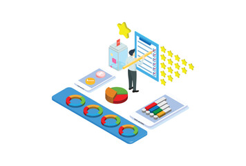 Fototapeta premium Online survey concept with characters. Can use for web banner, infographics, hero images. Flat isometric vector illustration isolated on white background. Suitable for Diagrams, Graphic Related Asset