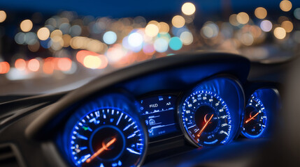 Close-up of instrument cluster with fuel warning illuminated, subtle reflections on dashboard glass, needles pointing near empty