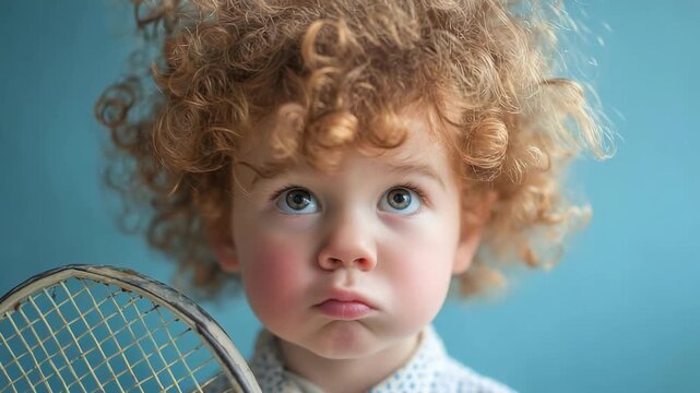 a toddler with curly red hair pouting while holding a tennis racket
