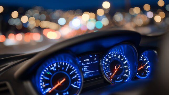 Close-up of instrument cluster with fuel warning illuminated, subtle reflections on dashboard glass, needles pointing near empty