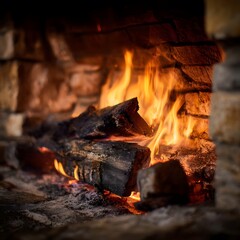 Flames flicker in the fireplace.