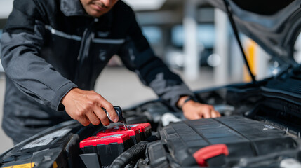 Close-up of a hand inspecting car engine, red battery terminals prominent, natural daylight highlighting metallic and plastic surfaces under the hood