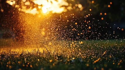 Fototapeta premium Sunset scene with a pulsating sprinkler casting long shadows, water droplets suspended mid-air, lush grass blades bending under the spray