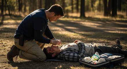 Emergency Aid in Wilderness: A compassionate first responder provides critical aid to a casualty amidst the quiet beauty of nature.