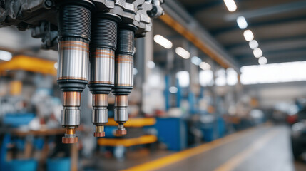 Close-up of high-precision fuel injectors, gasoline mist spraying evenly, metallic and rubber textures detailed, workshop background softly blurred