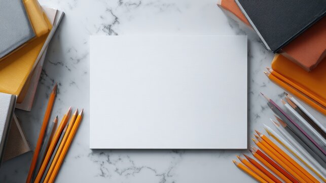 Blank paper on marble with pencils and books
