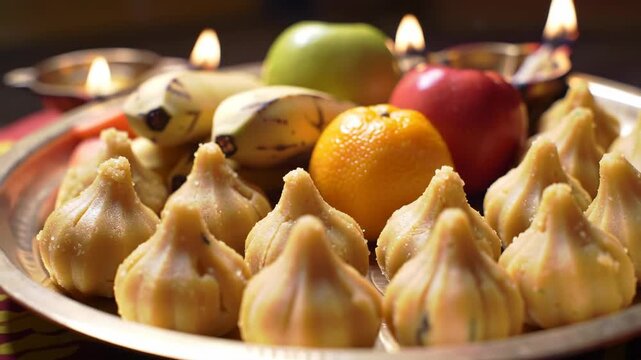 Festive offering of Modak sweets, fruits and Diya lamps in India for religious festival celebrations.