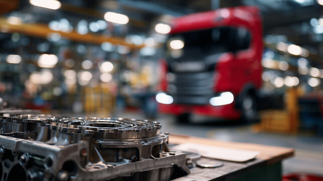 Close-up of disassembled truck engine on workbench, metallic diesel parts detailed, red truck softly blurred in the background, workshop lighting highlighting textures