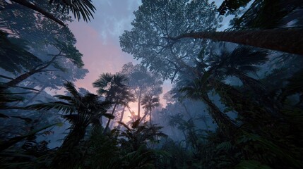 Low angle lush jungle, sun filtering through trees, soft dusk light