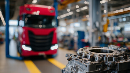 Fototapeta premium Close-up of disassembled diesel engine, intricate metallic textures and mechanical components visible, red truck blurred behind, repair shop lighting adding depth
