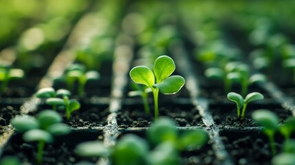 Top-down view of microgreens sprouting in perfect rows, shallow depth of field isolating one central sprout in sharp focus