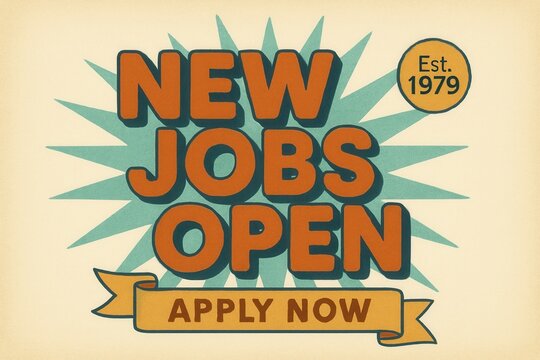 NEW JOBS OPEN APPLY NOW announcement banner, retro style, compelling job offer promotion for potential candidates.