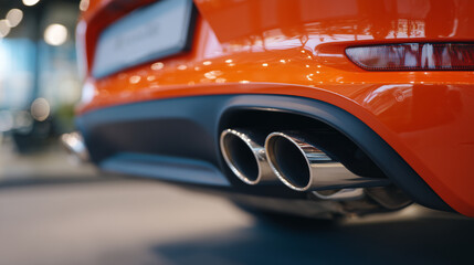 Macro perspective of sports car tailpipes, chrome tips catching reflections, emphasizing speed, design, and precision engineering