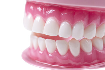 Close-up of a dental model, showing upper and lower teeth.  Pink gums, white teeth