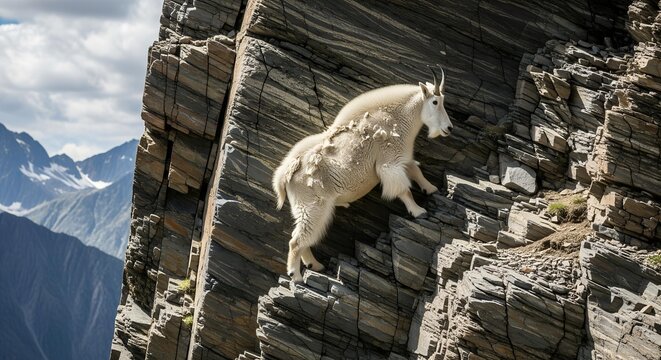 Majestic Mountain Goat Navigates Steep Rocky Cliff Face Under Bright Sunlight.