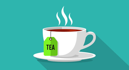 Hot tea in a white cup with a green tea bag tag