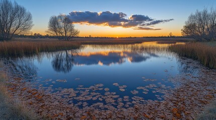 Fototapeta premium Serene autumnal sunset over a tranquil lake. Fallen leaves drift on the calm water, mirroring the vibrant sky. Silhouette trees stand guard along the shore