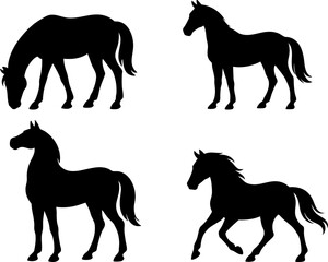 Set of four black horse silhouettes in vector style