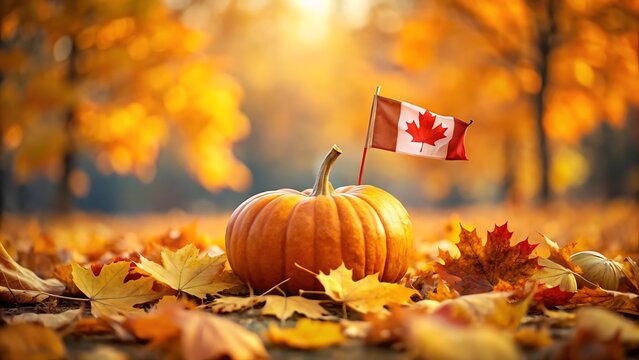 Autumn scene with pumpkin and canadian flag in a fall landscape