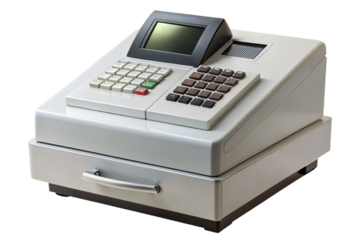 Isolated digital cash register machine with display and keyboard on a transparent background transparent background