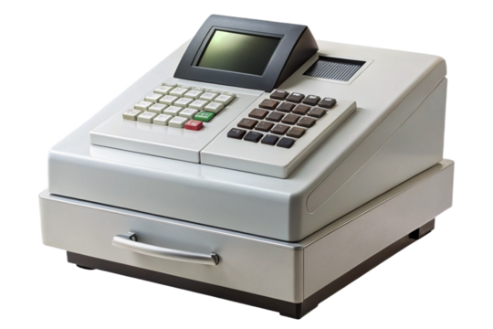 Isolated digital cash register machine with display and keyboard on a transparent background transparent background