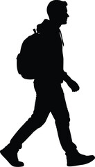 Silhouette of a young man with a backpack walking, isolated on transparent background