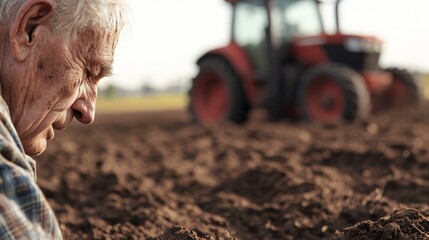 Contrast of elderly farmerâ€™s wrinkled skin against moist chocolate-colored loam, shallow DOF blurring tractor in background