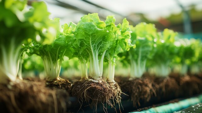 Close-up of butterhead lettuce roots suspended in nutrient solution, modern hydroponic farm blurred in background