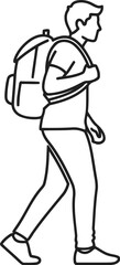 Line art illustration of a person with a backpack walking, representing travel or hiking, isolated on transparent background